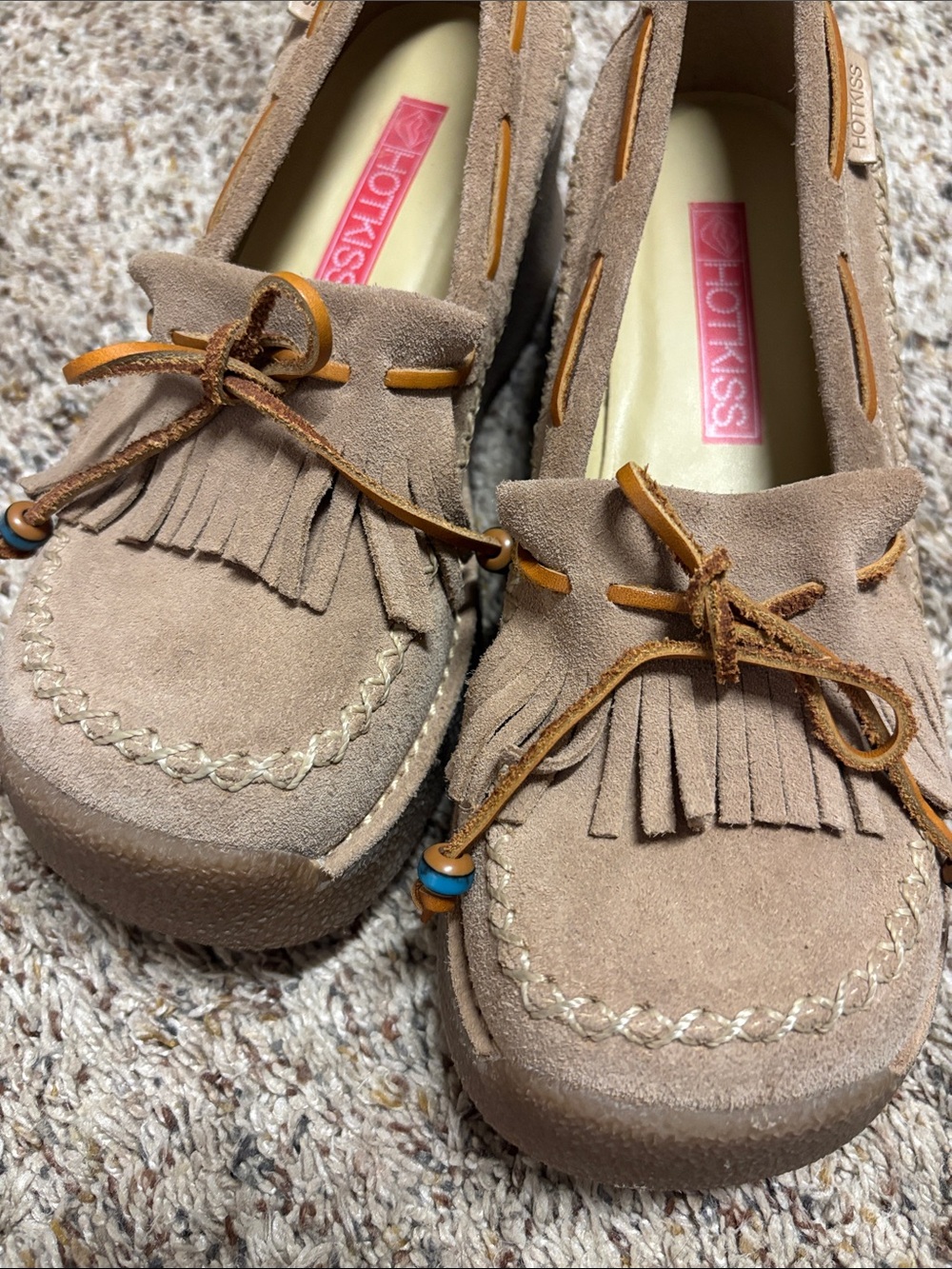 Hot Kiss Women’s Beige Suede Moccasin Loafers with Fringe and Bow